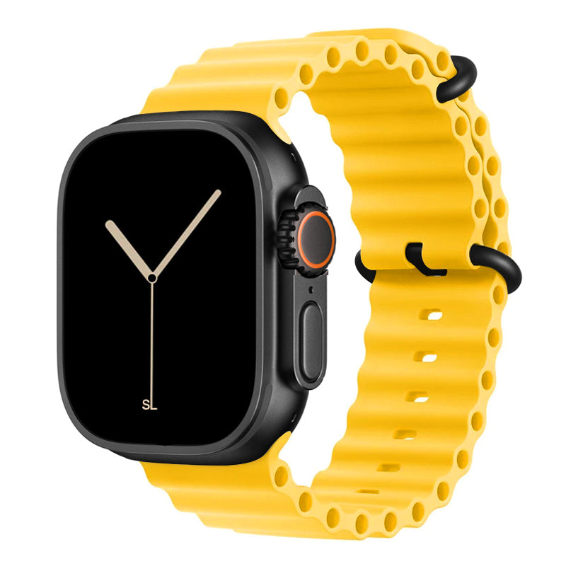 A yellow colour watch strap band made from silicone  with two metal buckles on an Apple watch series 11 42mm/ 45mm/ 46mm and ultra 3 designed for the ocean and active sports