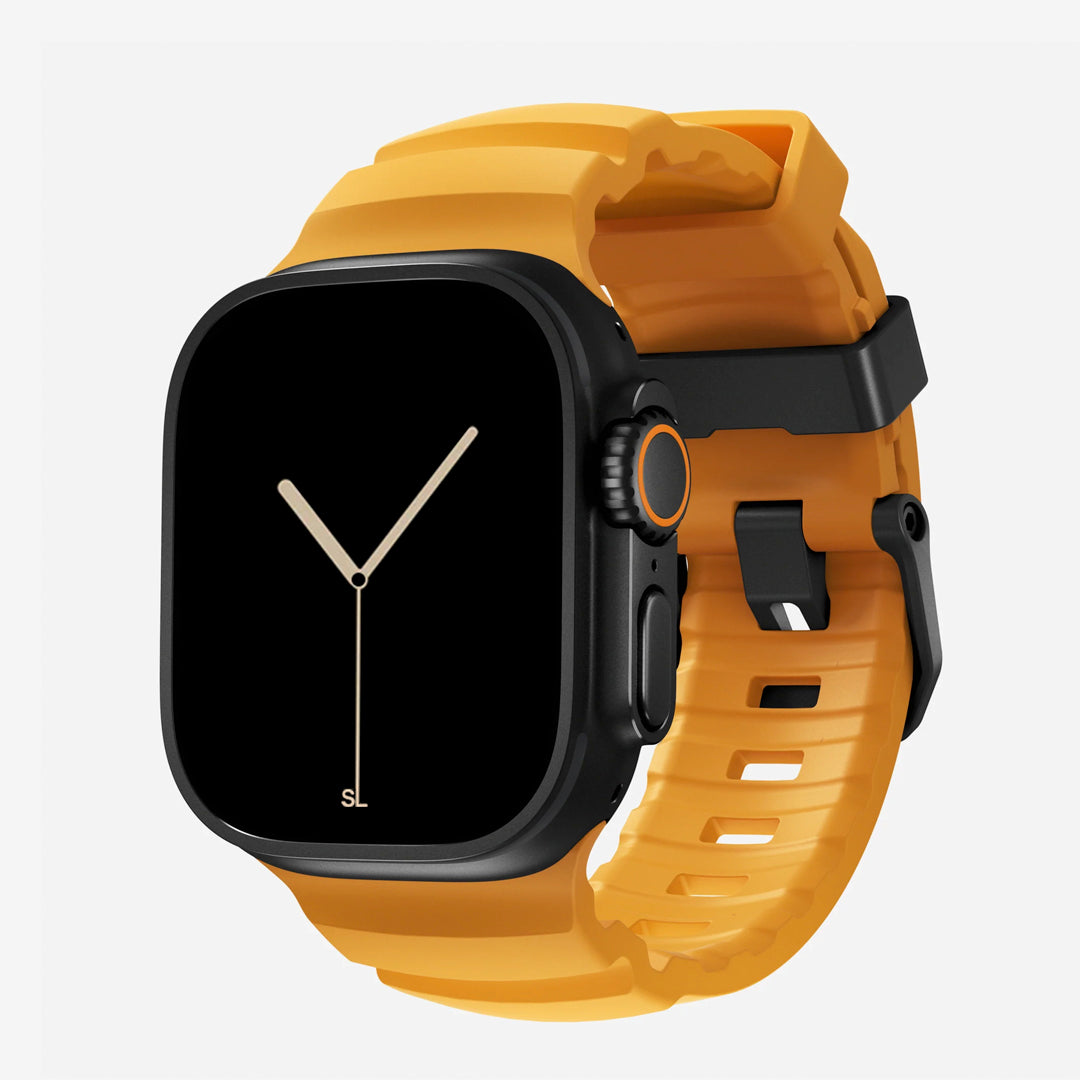 Yellow colour premium silicone extra thick watch strap band designed for adventurers and mountain hiking for Apple watch series 11 size 46mm and Ultra 3 49mm