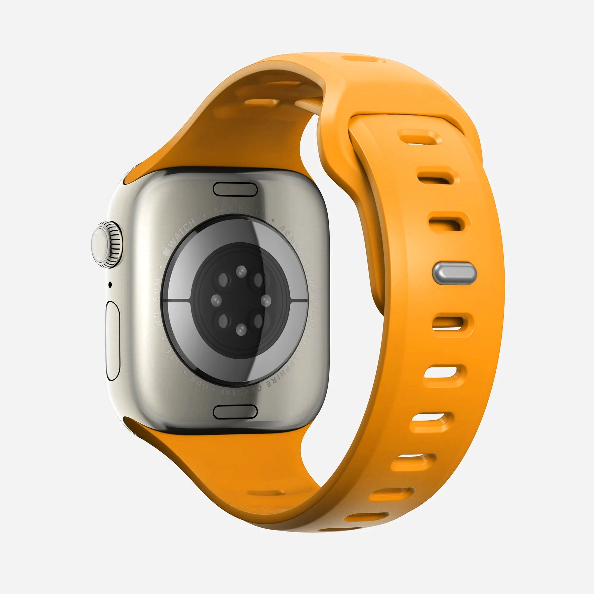 A yellow colour premium silicone watch strap developed for apple watch series 11 size 42mm 46mm and apple watch ultra 3, designed for active sports activities