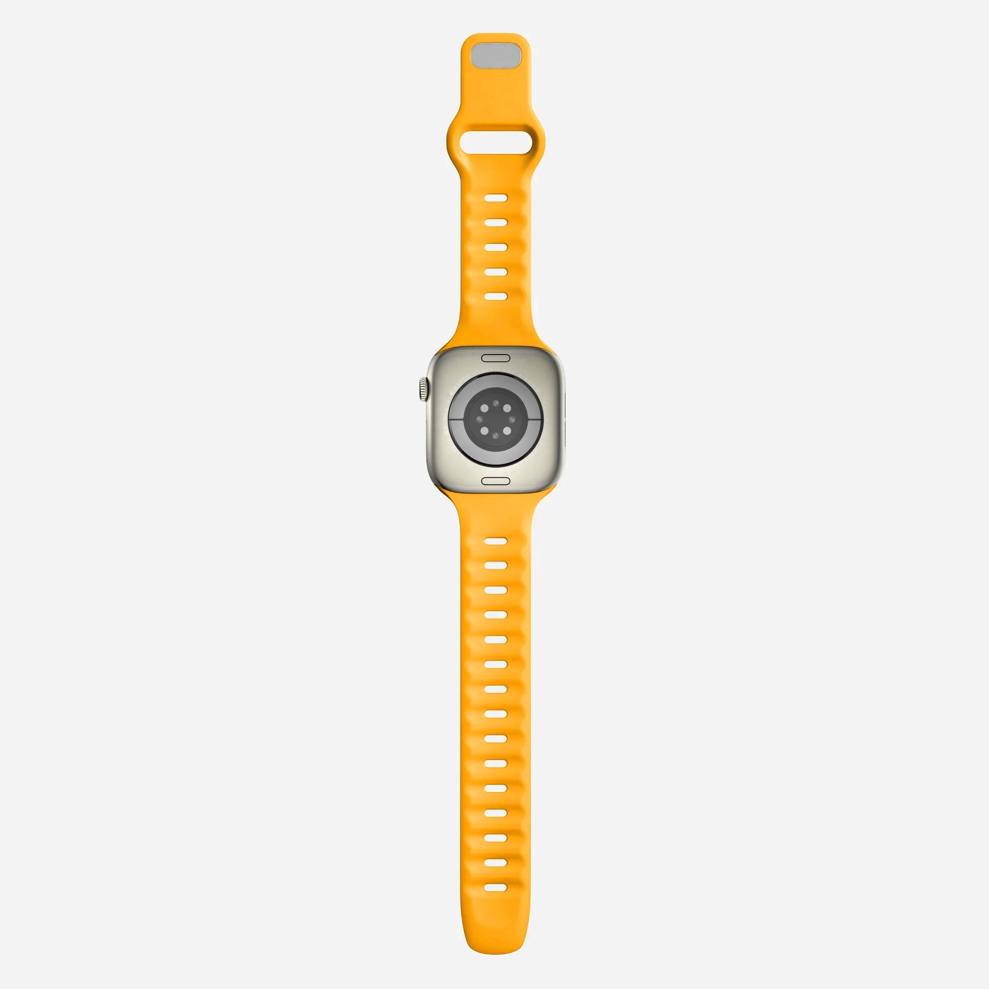 A yellow colour premium silicone watch strap developed for apple watch series 11 size 42mm 46mm and apple watch ultra 3, designed for active sports activities