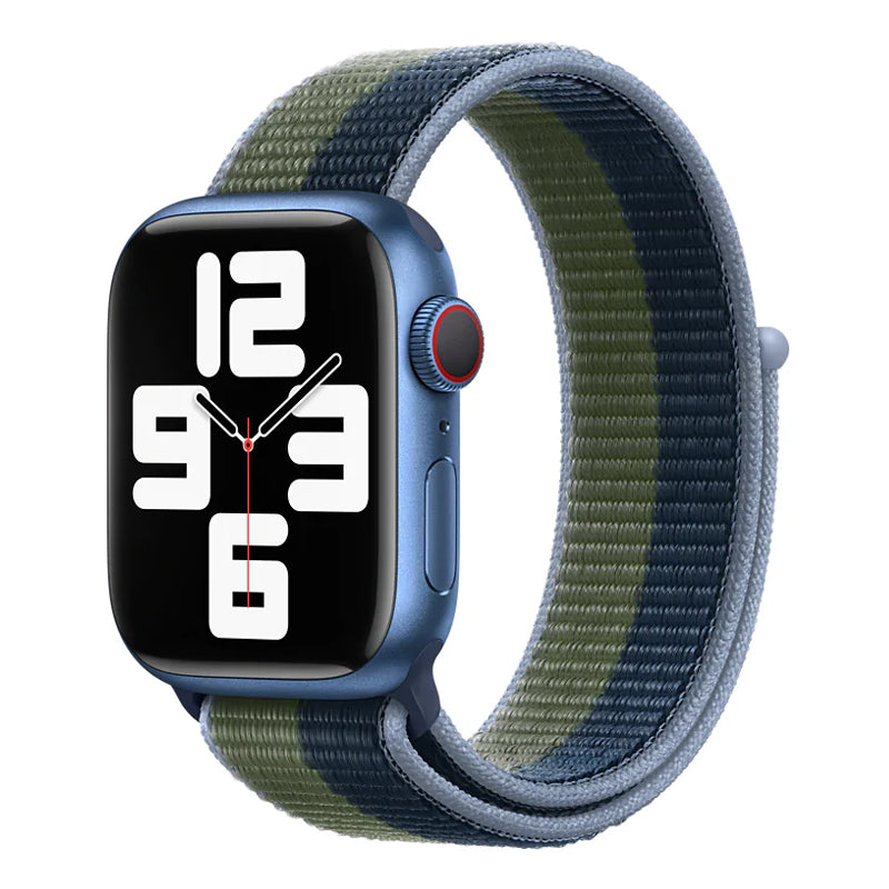 An abyss blue and moss colour woven nylon watch strap for Apple Watch