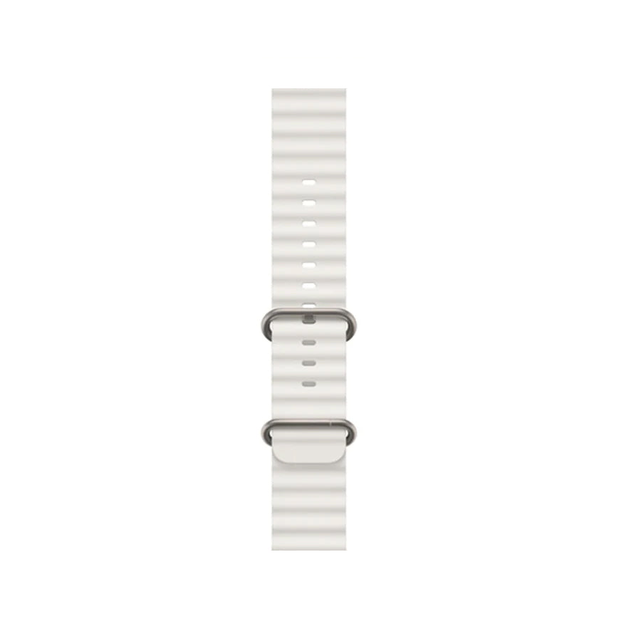 A white colour silicon watch strap on an apple watch ultra designed for the ocean