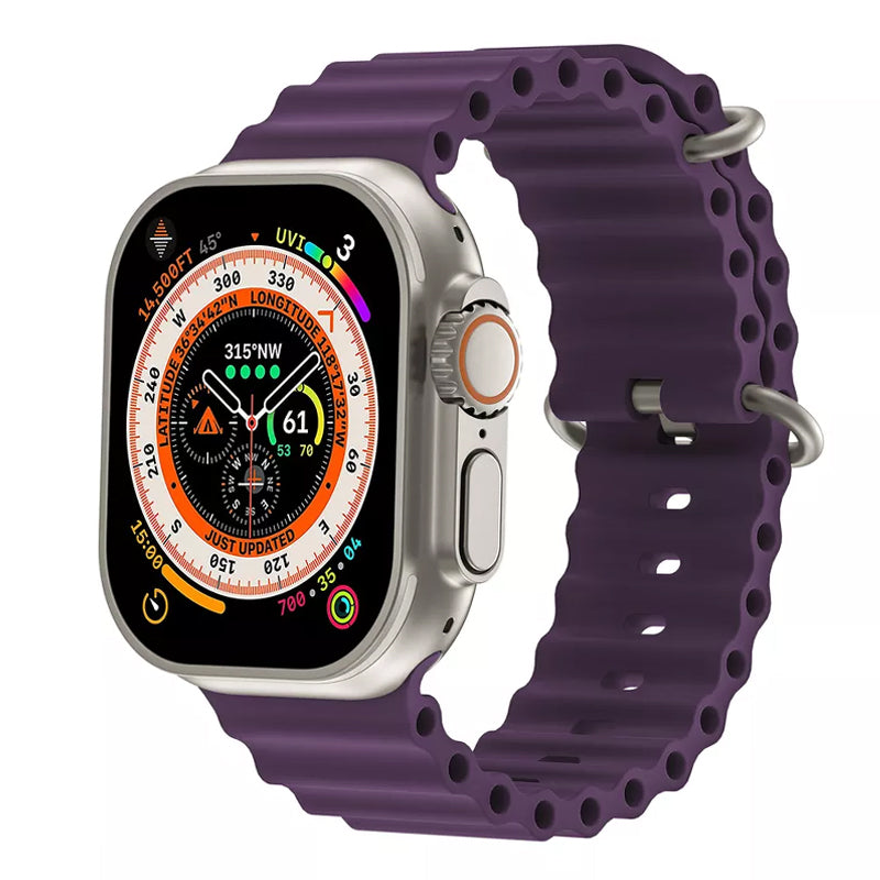 A purple colour silicon watch strap on an apple watch ultra 2 designed for the diving, name of the band is called the ocean loop
