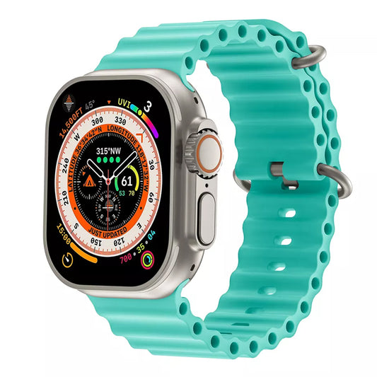 A tiffany blue colour silicon watch strap with two metal buckles  on an apple watch ultra designed for the ocean