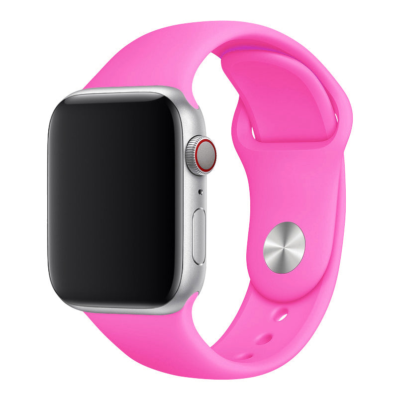 A hot pink colour silicon sport band on an apple watch series 8 41mm