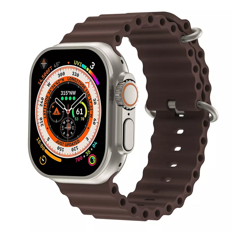 A brown silicon watch strap on an apple watch ultra designed for the ocean