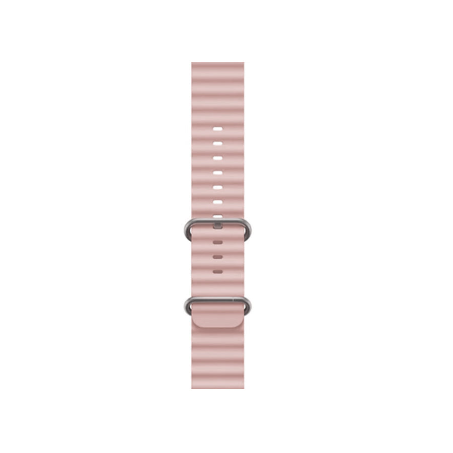A light pink silicon watch strap on an apple watch ultra designed for the ocean
