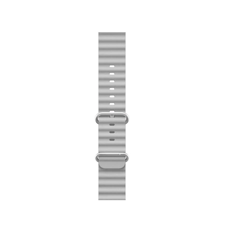 A grey silicon watch strap on an apple watch ultra designed for the ocean