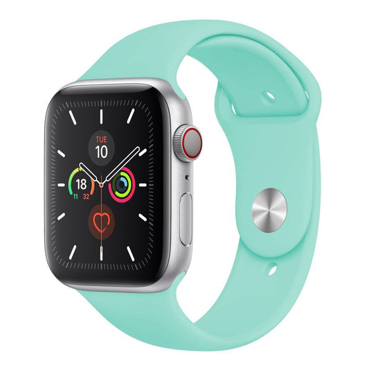 A Mint colour silicon sport band on an apple watch series 7 40mm
