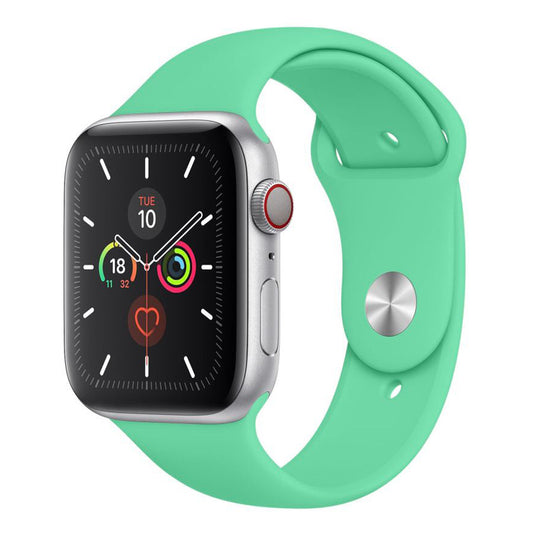 A spearmint colour silicon sport band on an apple watch series 8 41mm