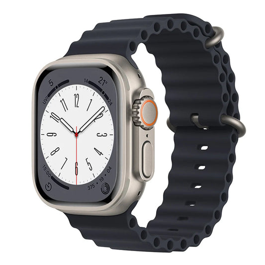 A midnight blue silicon watch strap on an apple watch ultra designed for the ocean