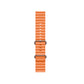 An orange silicon watch strap with two metal buckles on an apple watch ultra designed for the ocean