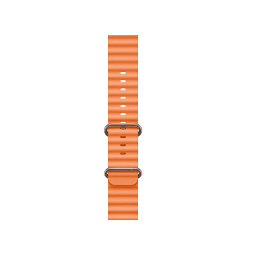 An orange silicon watch strap with two metal buckles on an apple watch ultra designed for the ocean