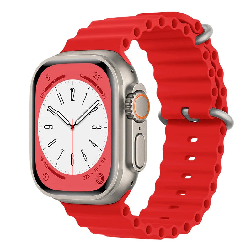 A red colour silicon watch strap on an apple watch ultra designed for the ocean