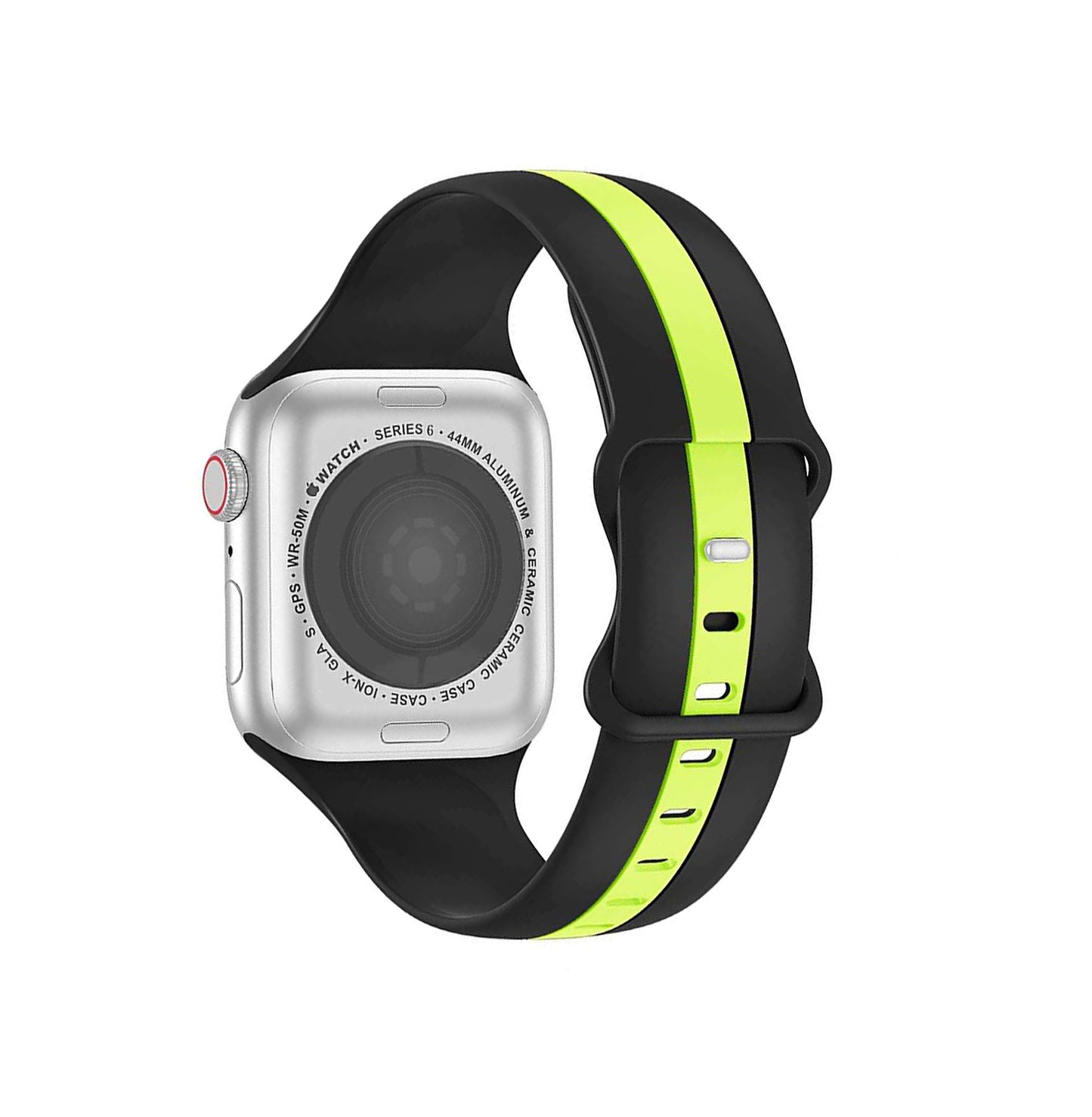 A black and fluro yellow two colour silicon sport strap for apple watch series 9 41mm