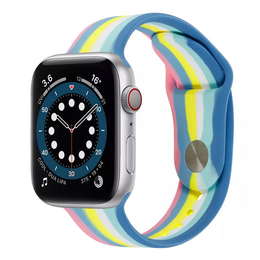 A 6 colour painted pattern silicon watch strap on an apple watch