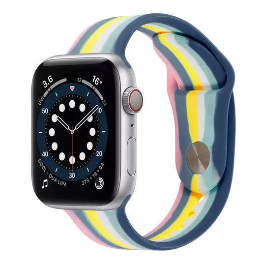 A 6 colour painted pattern silicon watch strap on an apple watch 