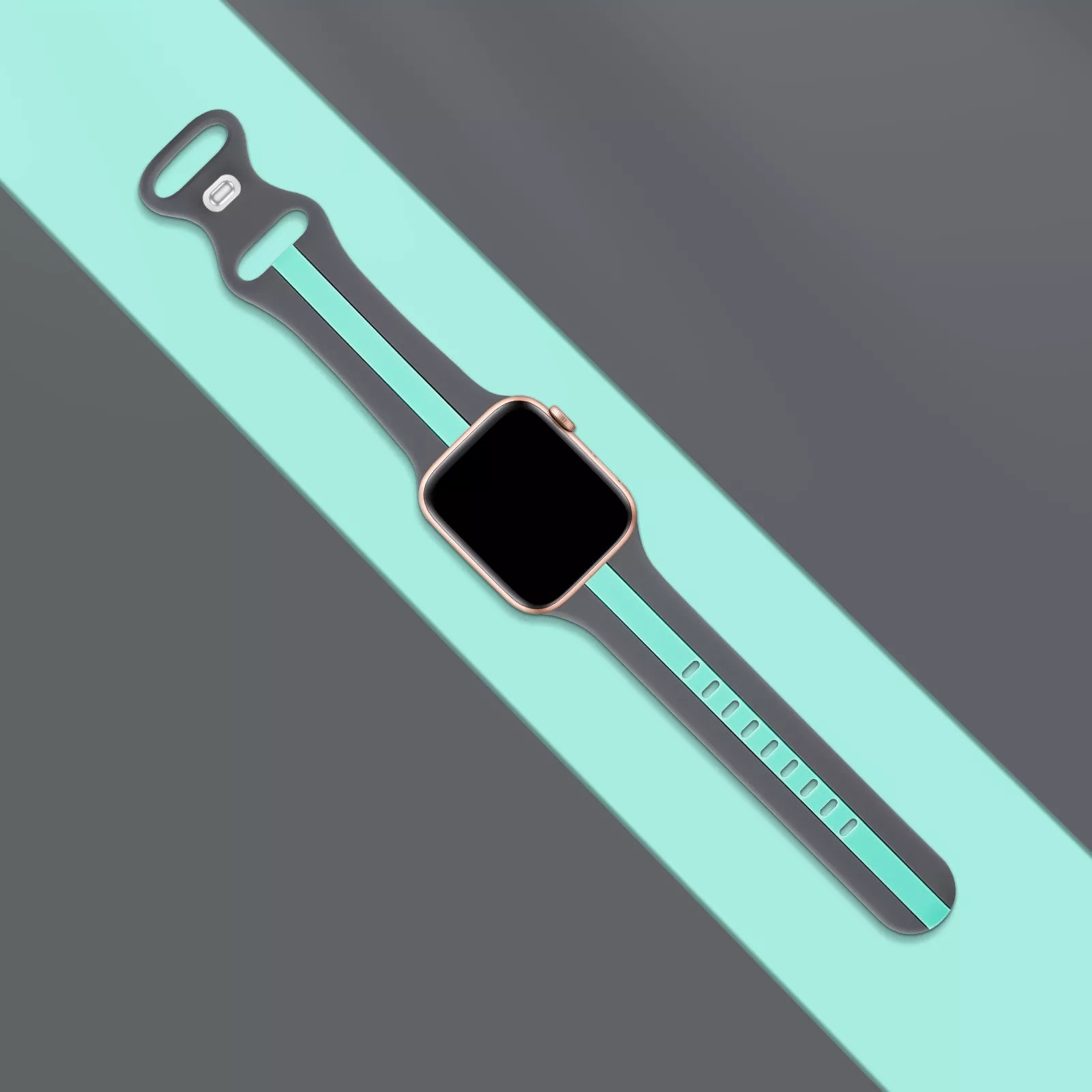 A grey and teal two colour silicon sport strap for apple watch series 9 41mm