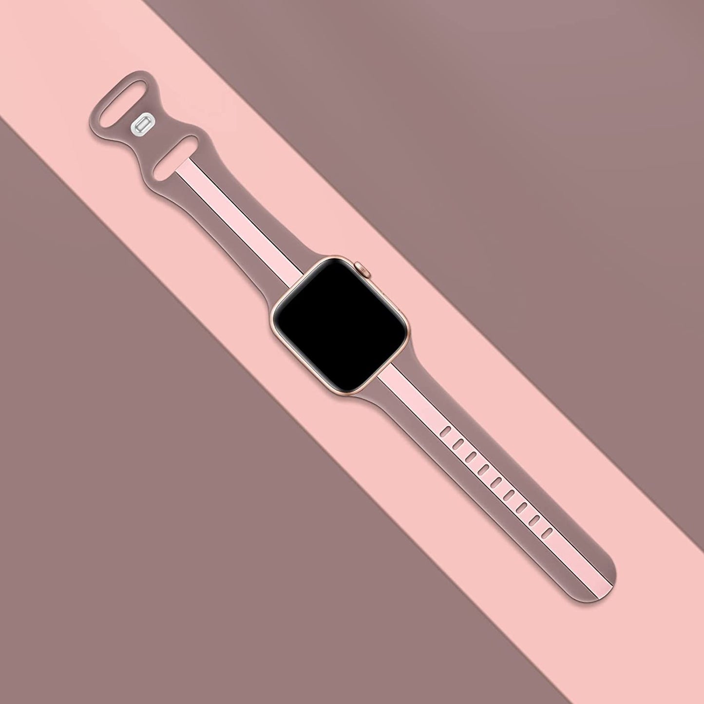 A mauve and pink two colour silicon sport strap for apple watch series 9 41mm