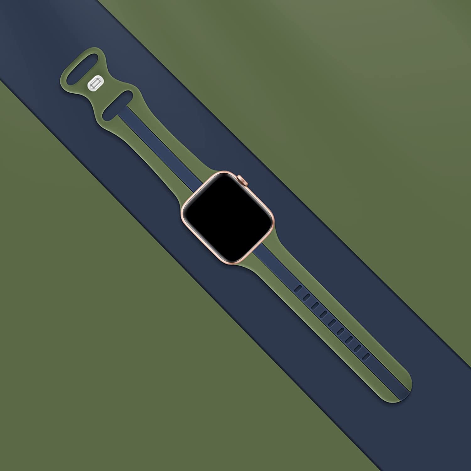 A olive and navy two colour silicon sport strap for apple watch series 9 41mm