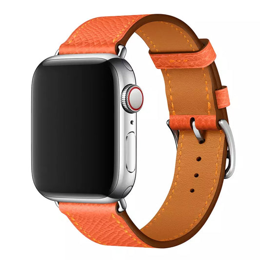 A orange colour genuine leather single tour watch strap on an apple watch series 8