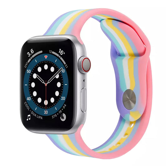 A 6 colour with a painted pattern silicon watch strap on an apple watch 