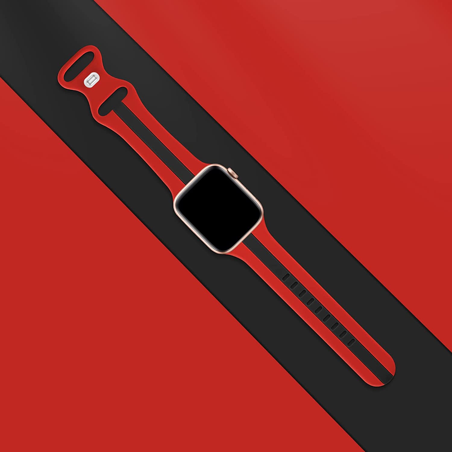 A red and black two colour silicon sport strap for apple watch series 9 41mm