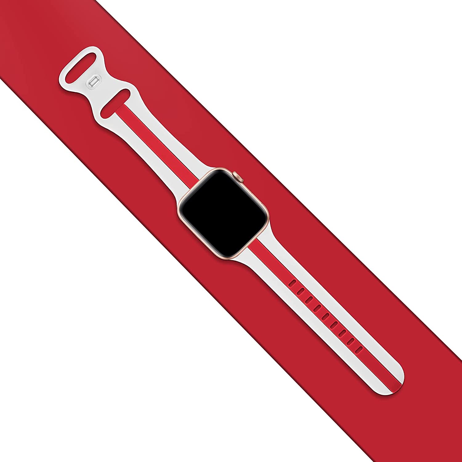 A white and red two colour silicon sport strap for apple watch series 9 41mm