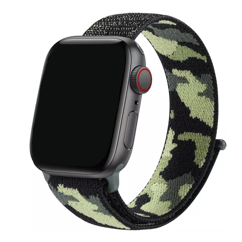 An army green color camouflage pattern woven nylon watch strap on the latest Apple Watch