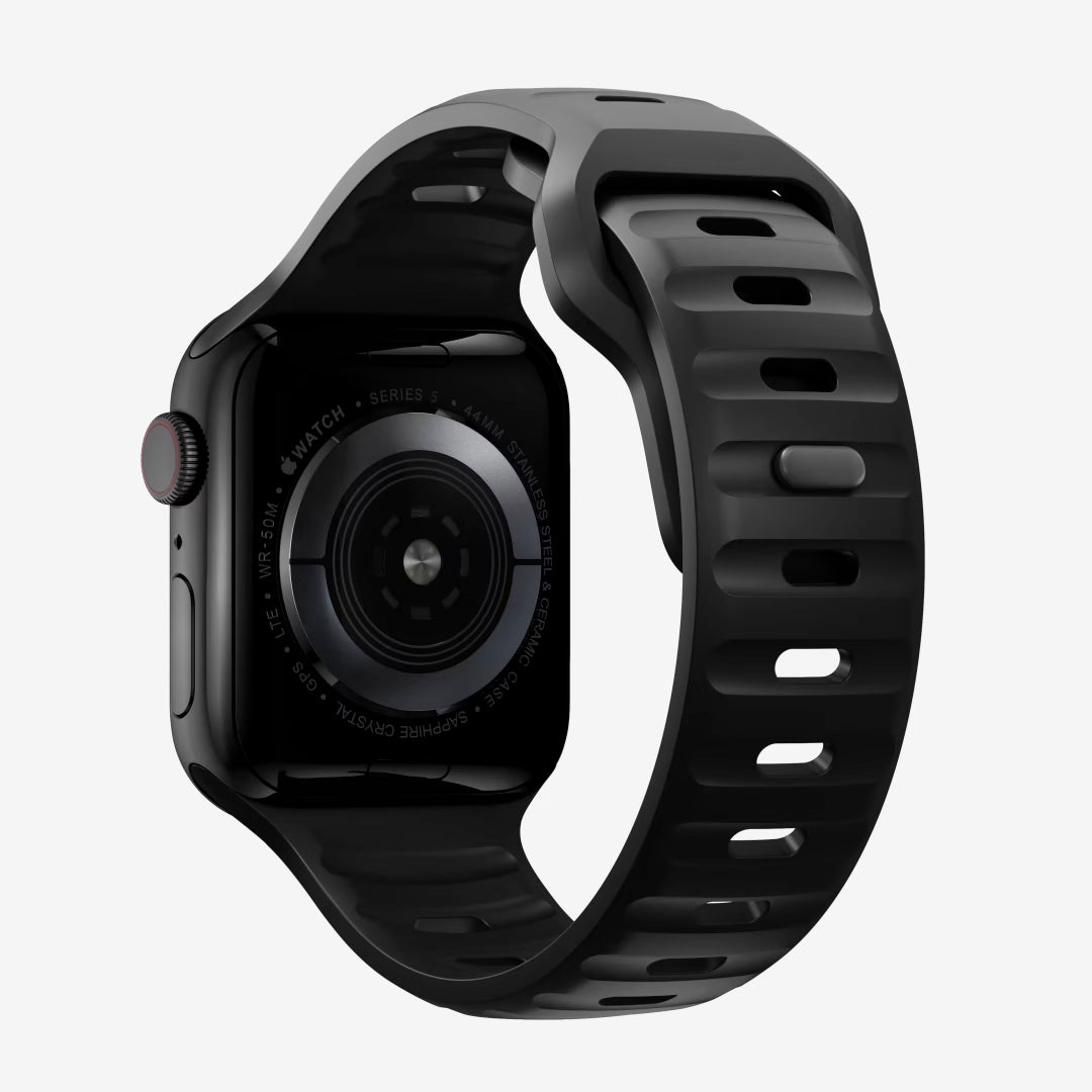A black colour silicon watch strap for apple watch designed for active sports and heavy duty activities