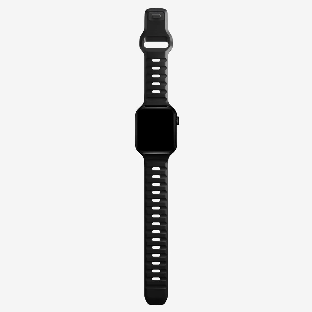A black colour silicon watch strap for apple watch designed for active sports and heavy duty activities