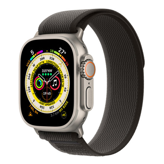 Front view of a dark grey nylon watch strap on an apple watch ultra designed for trail walk and hiking