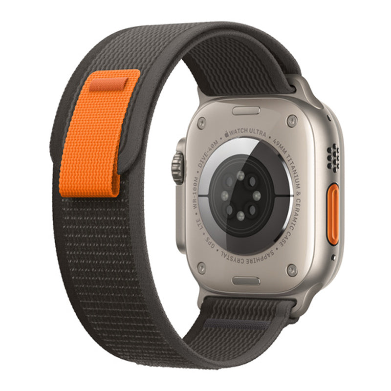 Rear view of a dark grey nylon watch strap on an apple watch ultra designed for trail walk and hiking