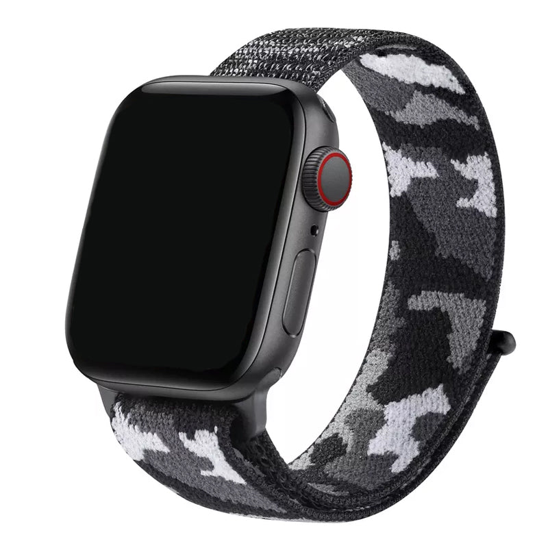 A black colour camouflage pattern woven nylon watch strap on the latest Apple Watch
