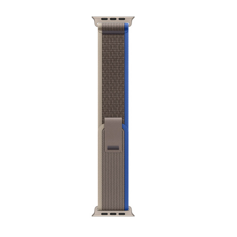 A blue and grey nylon watch strap for apple watch ultra designed for trail walk and hiking