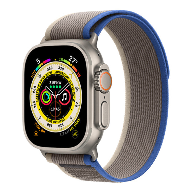 Front view of a blue and grey nylon watch strap on an apple watch ultra designed for trail walk and hiking