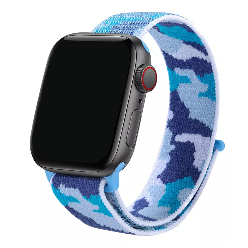 A blue colour camouflage pattern woven nylon watch strap on the latest Apple Watch