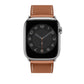 A brown with white stitching genuine leather single tour watch strap on an apple watch series