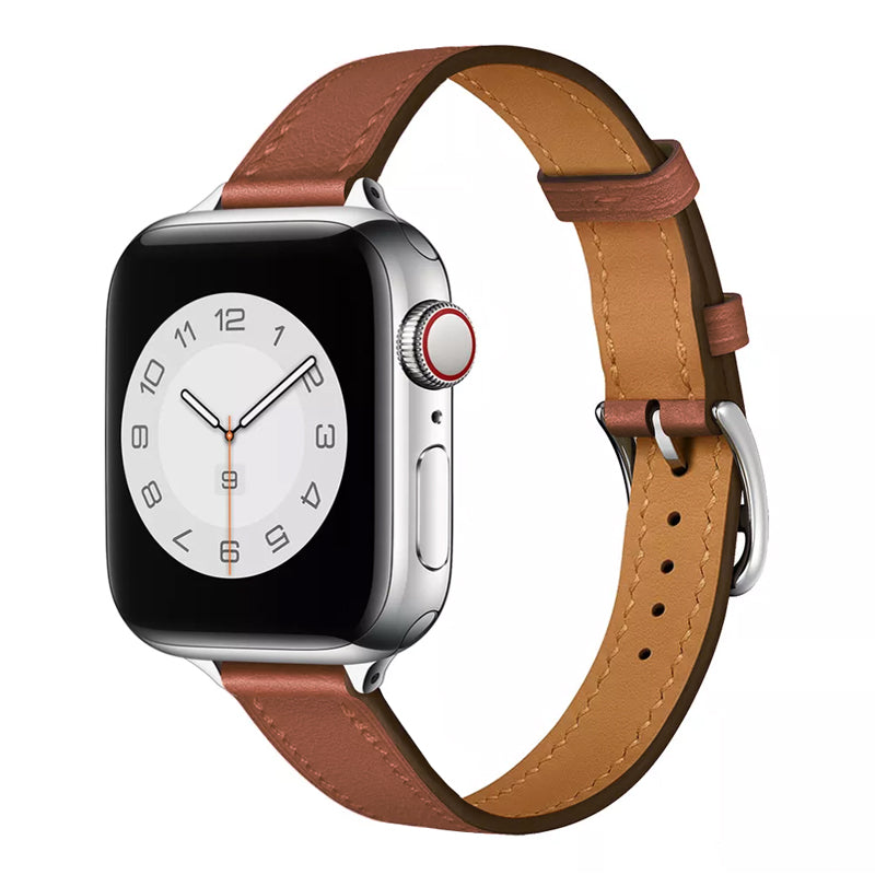 Women's brown colour slim genuine leather watch strap on an apple watch series 9