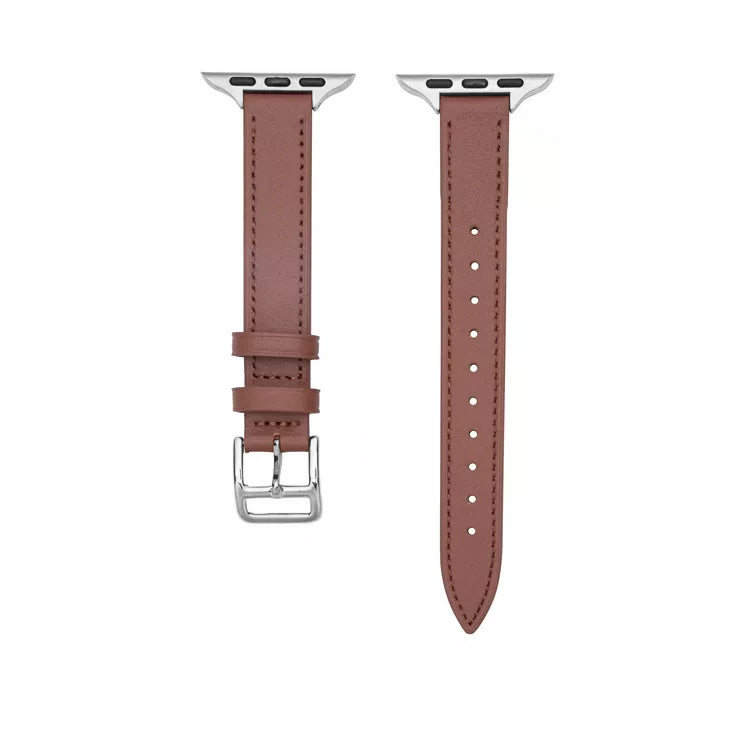 Women's brown colour slim genuine leather watch strap on an apple watch series 8
