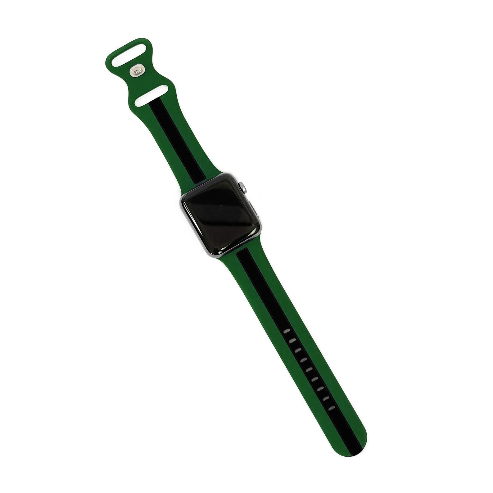 A green and black two colour silicon sport strap for apple watch series 9 41mm