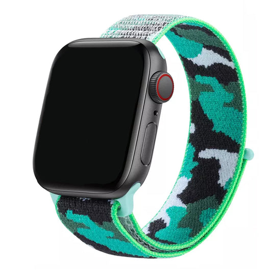 A green colour camouflage pattern woven nylon watch strap on the latest Apple Watch