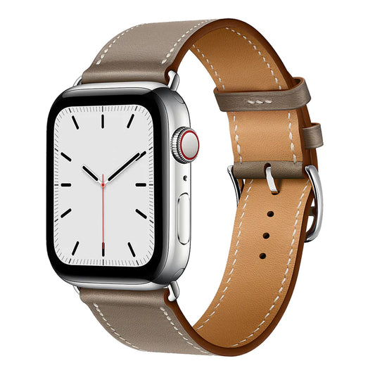 A grey colour genuine leather single tour watch strap on an apple watch series 45mm