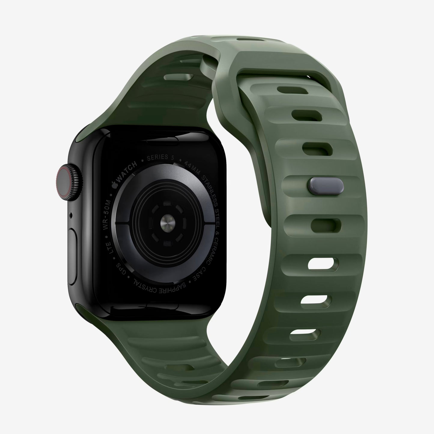 An army green colour silicon watch strap with a grooved interior design for apple watch made for sports and active activities