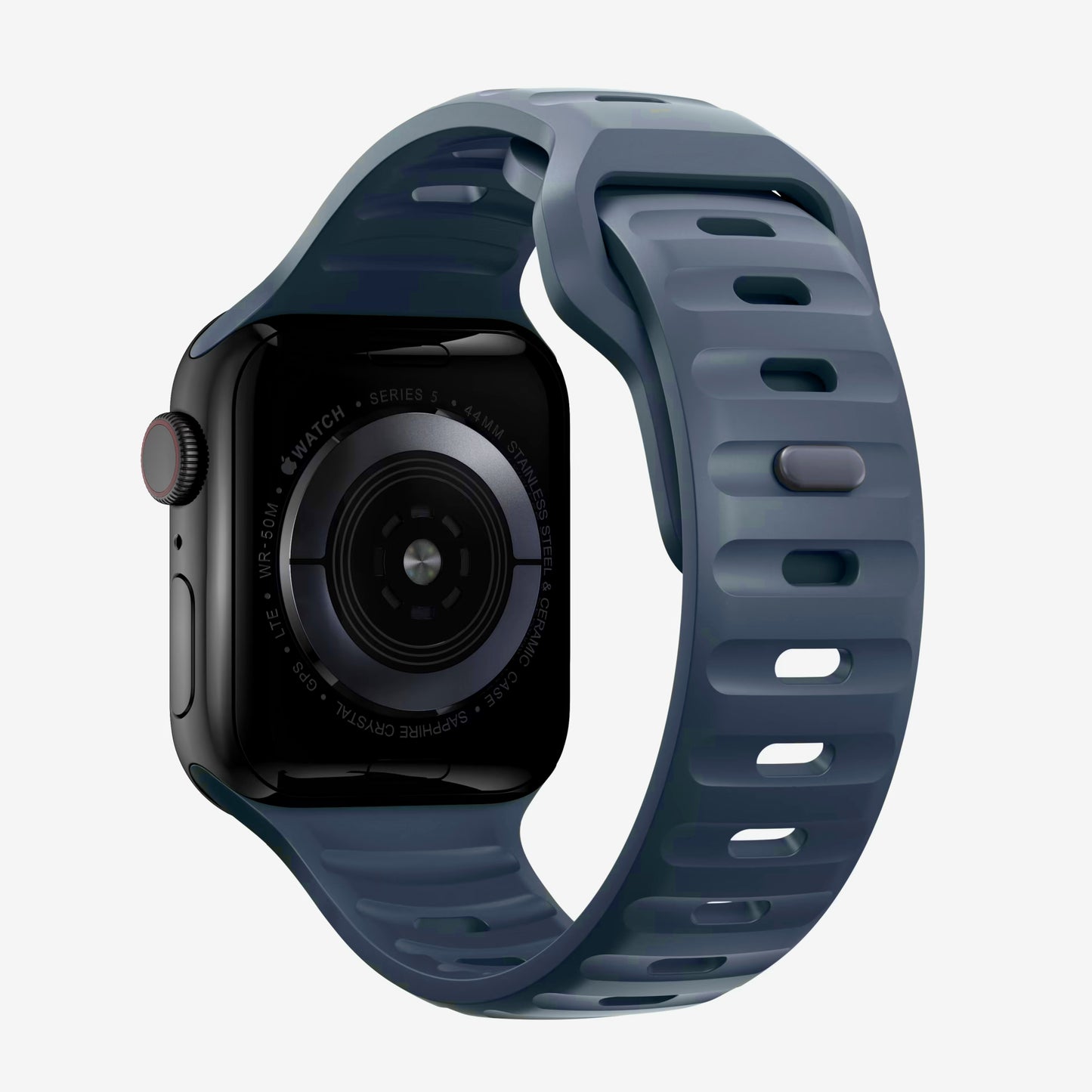A navy blue colour silicon watch strap on an apple watch series 8