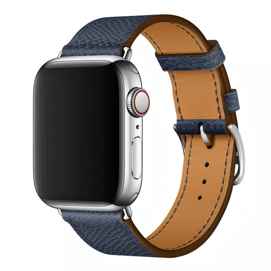 A navy blue colour genuine leather single tour watch strap on the latest apple watch
