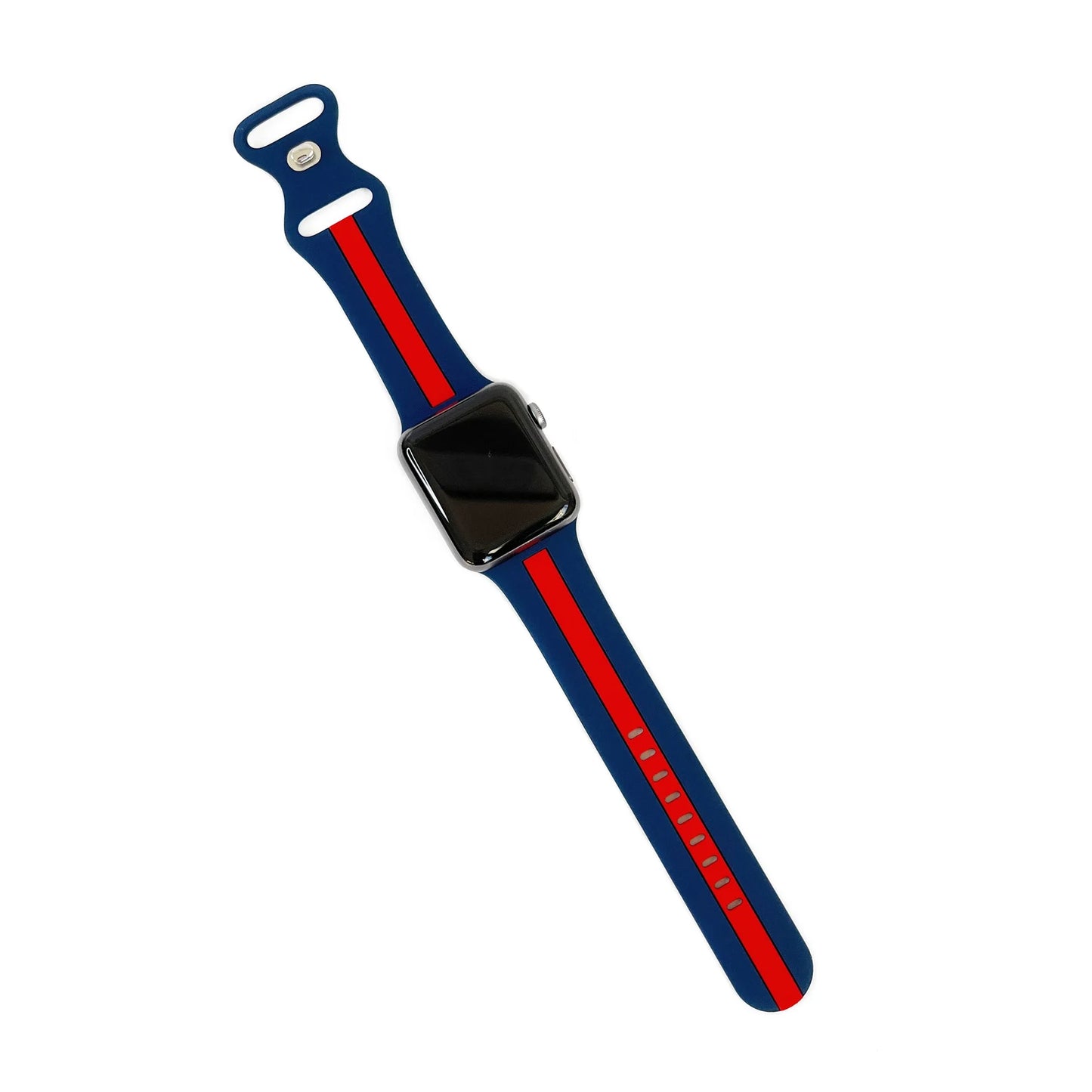 A navy blue and red two colour silicon sport strap for apple watch series 9 41mm