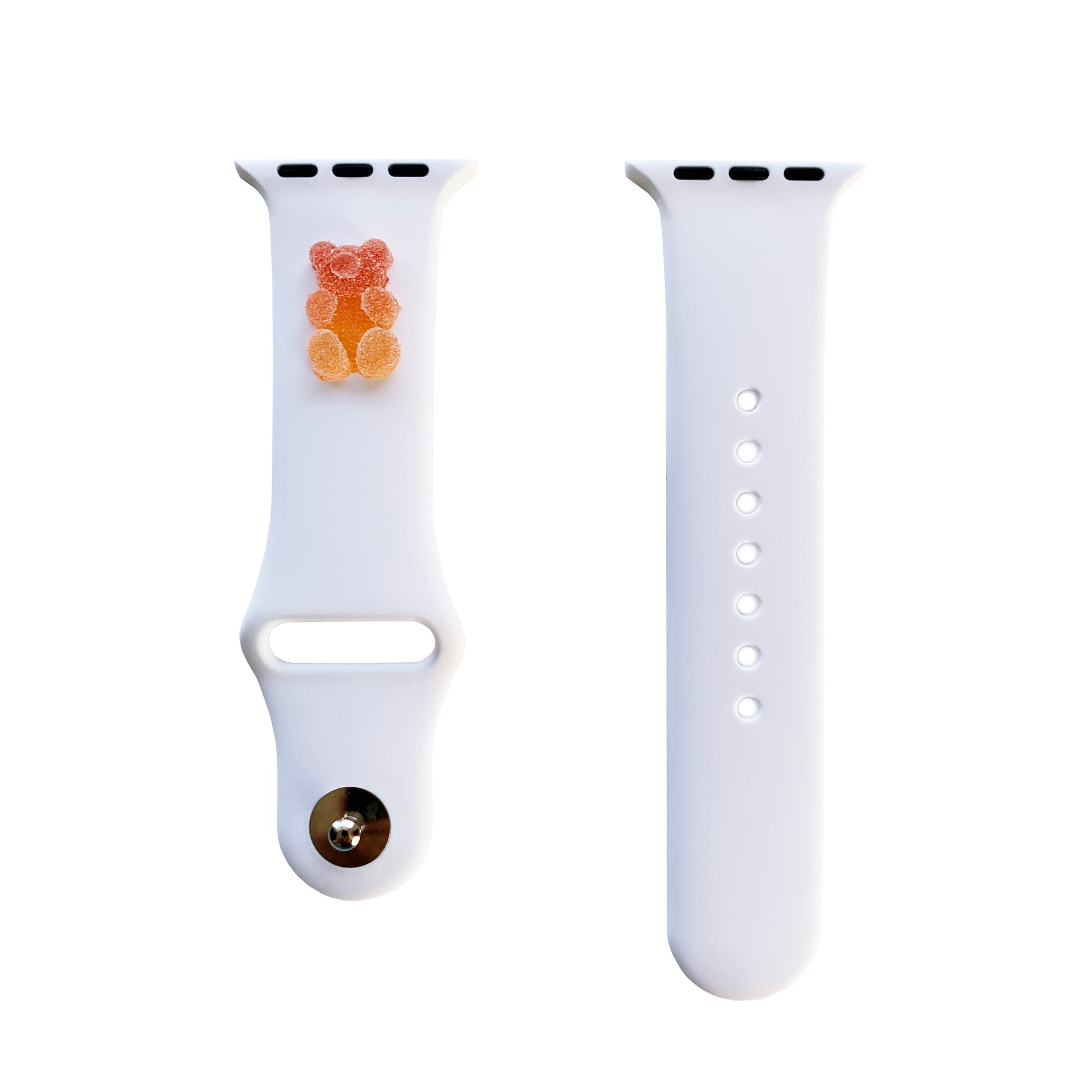 A small red and orange 3D printed gummy bear attached to a white silicon watch band for the apple watch