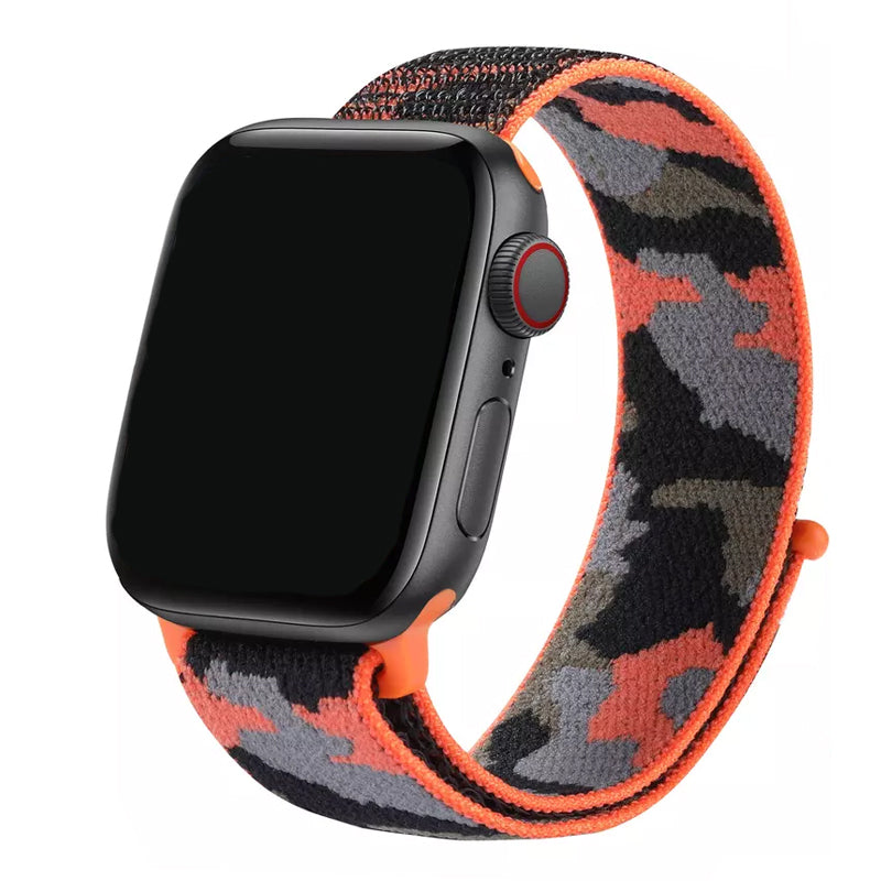 An orange colour camouflage pattern woven nylon watch strap on the latest Apple Watch
