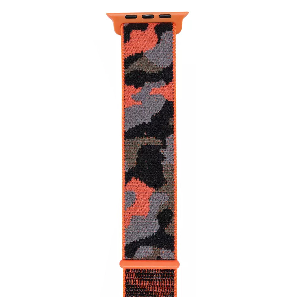 An orange colour camouflage pattern woven nylon apple watch strap
